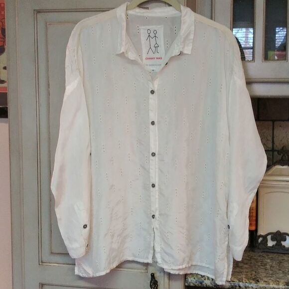 Johnny Was Eyelet Silk Long Sleeve Blouse - Picture 3 of 8